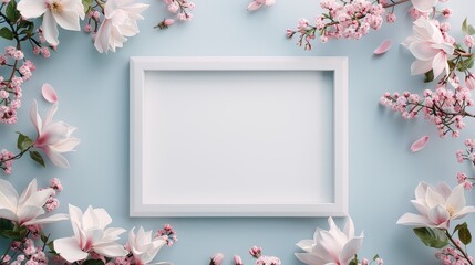 A delicate arrangement of cherry blossoms, magnolias, and lilacs, encircling a blank white frame, with a light blue sky backdrop