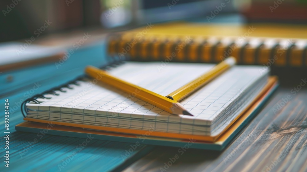 Poster pencil and bookmarks on table with notebook