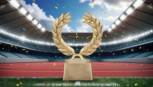 Golden Laurel Wreath Trophy on Podium in Empty Sports Stadium