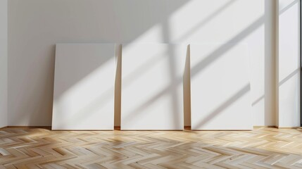 Three blank canvases leaning against a white wall, bathed in soft sunlight, showcasing their clean surface for design inspiration. The wooden floor adds a touch of warmth and texture, creating a minim