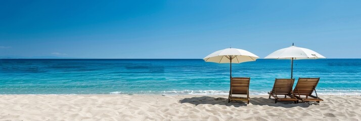 Obraz premium Two lounge chairs with umbrellas on a pristine sandy beach, inviting relaxation and tranquility, symbolizing summer, vacation, getaway, escape, and leisure.