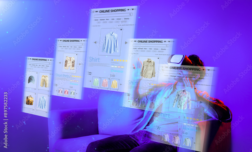 Poster caucasian man choosing and selecting product for shopping list while wearing visual reality goggles.