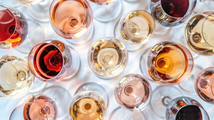 Assortment of wine in glasses on a bright background Above view of red rose and white wines Bar winery tasting theme