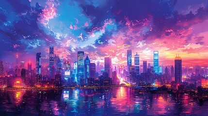 Obraz premium Panoramic view of a bustling city at night, with shimmering, colorful lights reflecting off sleek skyscrapers, creating a dynamic and captivating urban landscape. Watercolor style, high resolution