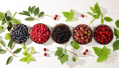Summer fresh berries, cherries, blackberries, gooseberries, blueberries and raspberries on a wooden...
