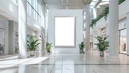 Fototapeta premium A mockup of an empty white vertical billboard situated prominently in a modern shopping mall, ready for advertising or promotional displays