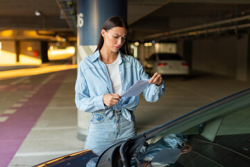 Sad shocked woman driver looking at parking ticket or fine, standing near her car at underground...