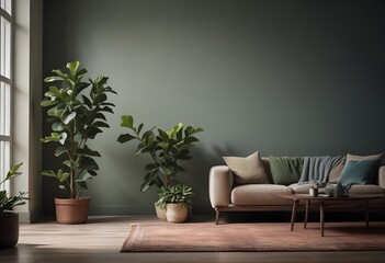 Modern living room couch with plants..