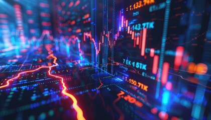 Obraz premium Illuminated lightning patterns representing global stock market data flow on a high-tech background.