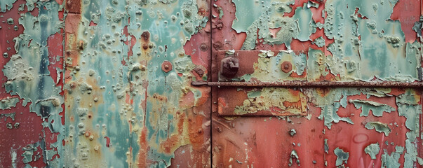 An aged metal surface with a mix of peeling paint and weathered textures, creating a rustic appearance.