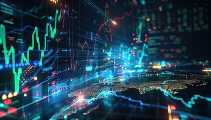 Illuminated lightning patterns representing global stock market data flow on a high-tech background.