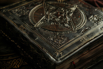 A close-up of the forbidden book, focusing on its intricate cover design that suggests arcane knowledge or dark secrets within - Generative AI