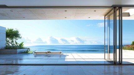 A contemporary bifold door with glass panels, set against a backdrop of panoramic ocean views, seamlessly merging indoor and outdoor living spaces.