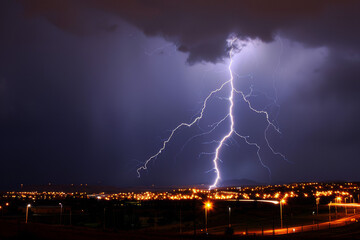 The moment a lightning bolt strikes in an urban environment, illuminating a cityscape at night - Generative AI