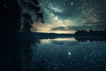 The serene beauty of stars reflected in a still body of water, creating a mirror effect - Generative AI