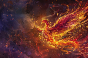 The moment of a phoenix rebirth, with the mythical bird emerging in a blaze of flames and ash - Generative AI