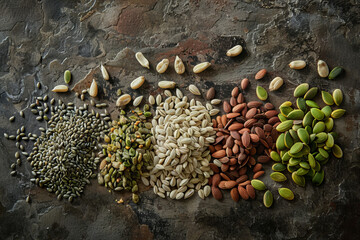 An image showcasing a variety of seeds spread out on a natural surface, emphasizing the diversity and potential for life inherent in each seed - Generative AI