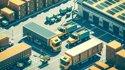 Illustrate eco-friendly logistics practices, such as electric delivery vehicles, solar-powered warehouses, and green shipping methods, emphasizing the focus on sustainability