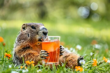 groundhog with a glass of Aperol, Friday evening, squirrel in the park