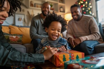 Fototapeta premium Joyful Child Unwrapping Gift with Family During Black Friday Sale in Festive Living Room