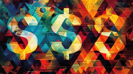 Abstract geometric artwork with dollar signs, vibrant colors, and overlapping patterns. Modern financial and artistic concept.
