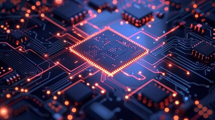 Obraz premium Close-up of a glowing microchip on a circuit board, illustrating modern technology and electronic components in a futuristic style.