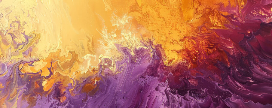 An abstract oil painting with radiant purple and yellow hues. The glowing colors create a striking and energetic composition that highlights the intricate texture of the oil paint.