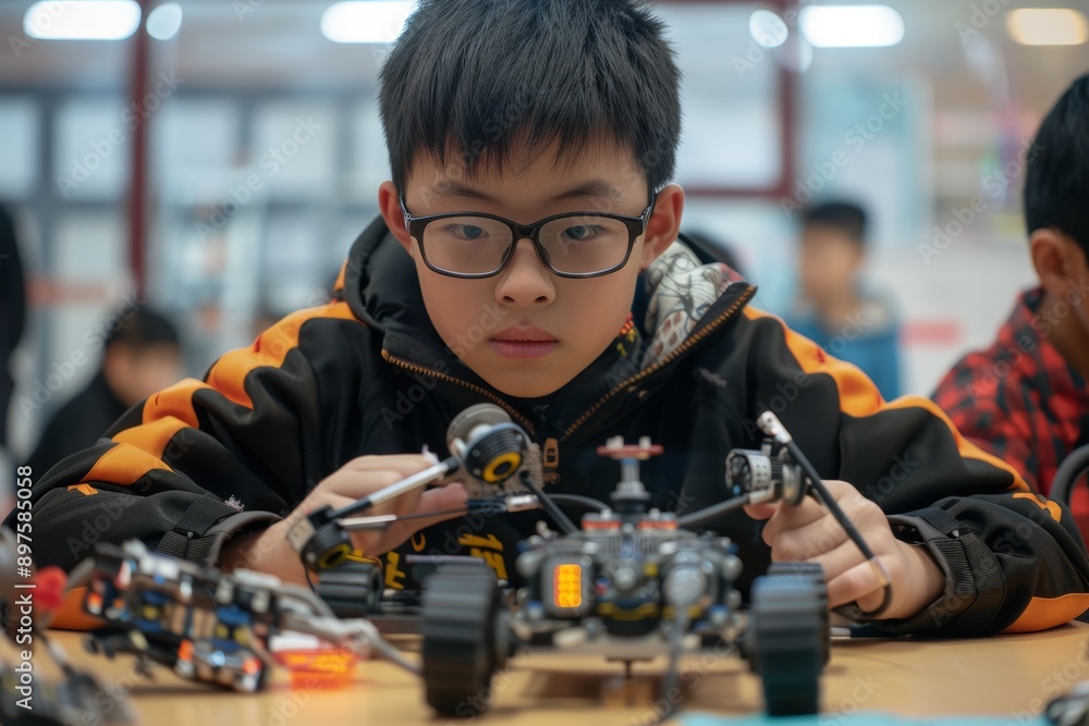 Poster focused chinese schoolboy engaged in robotics workshop, assembling robot with precision tools
