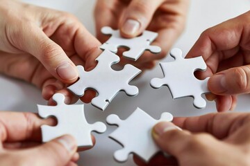 Beautiful hands holding white jigsaw puzzles against a white background, working as a team to solve the pieces together.