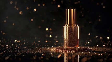 A luxurious gold nail polish bottle with metallic sheen, positioned against a backdrop of midnight black, radiating opulence and sophistication with its elegant design.