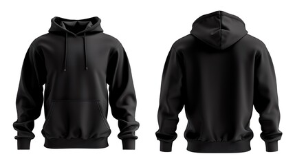 Maqueta de sudadera negra, vista frontal y posterior. 