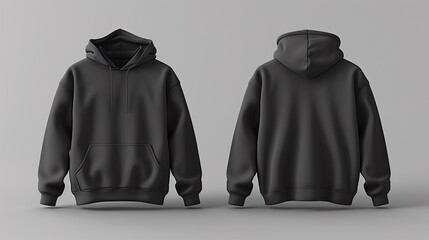 Maqueta de sudadera negra, vista frontal y posterior. 