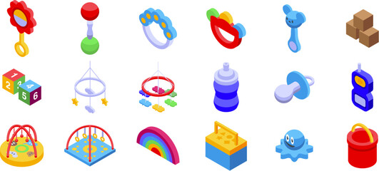 First babies toys icons set. Brightly colored isometric baby toys set featuring a rattle, an educational toy and a playpen