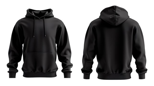 Maqueta de sudadera negra, vista frontal y posterior. 