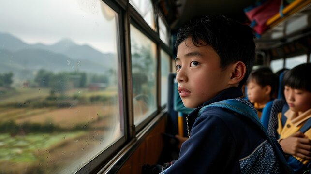 Thoughtful Schoolboy on a Bus Journey Through Scenic Countryside in Rural China