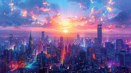 Obraz premium Twinkling city lights reflect off shimmering skyscrapers, creating a captivating, bustling urban landscape that glows with vibrant, colorful energy at night. Watercolor style, high resolution
