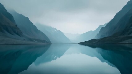 Minimalist landscape of stylized mountains and calm waters.