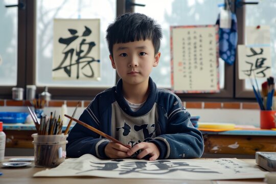 Young Chinese Schoolboy Learning Calligraphy in Art Class with Traditional Supplies and Artworks