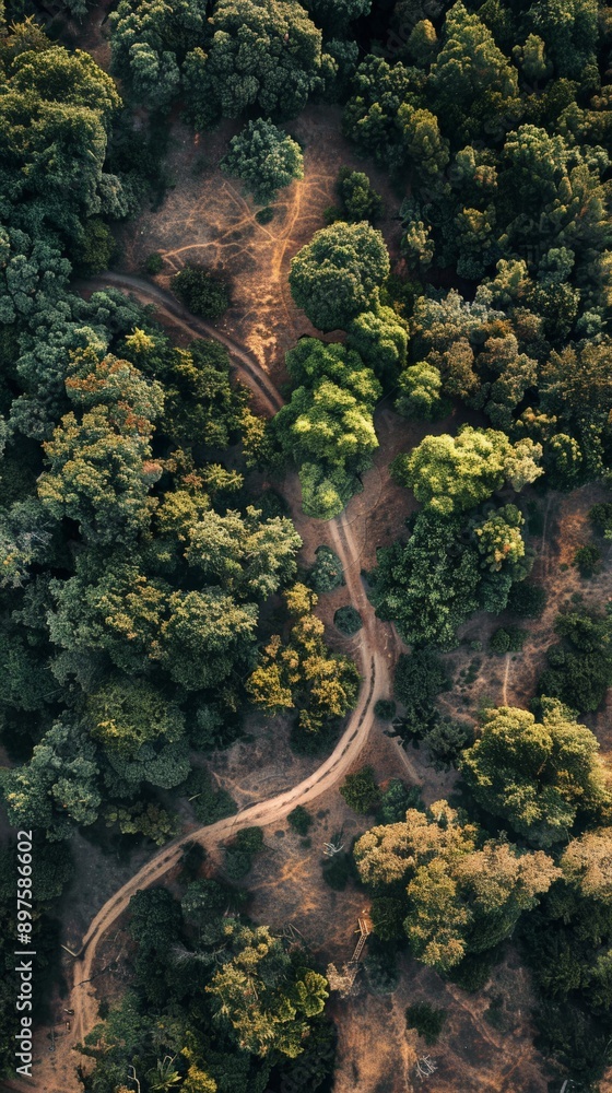 Poster an aerial view of a winding path through a forest