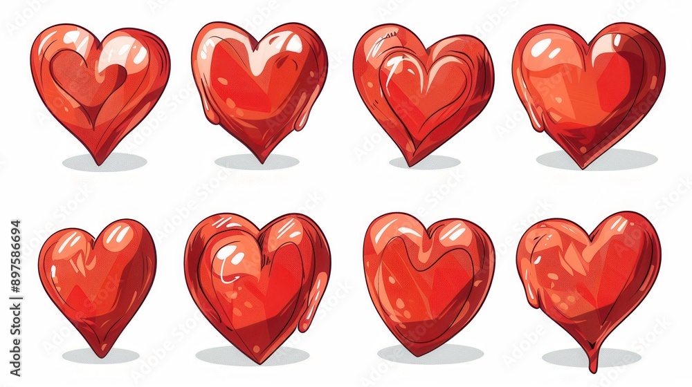 Poster a set of eight red heart illustrations in different styles and poses, perfect for graphic design pro