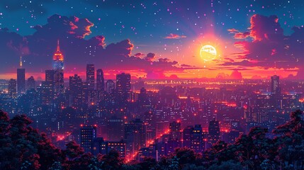 Obraz premium The radiant cityscape at night, illuminated by dazzling, neon-lit buildings and a twinkling skyline, creating a dynamic and vibrant atmosphere that feels both enchanting and futuristic. Watercolor