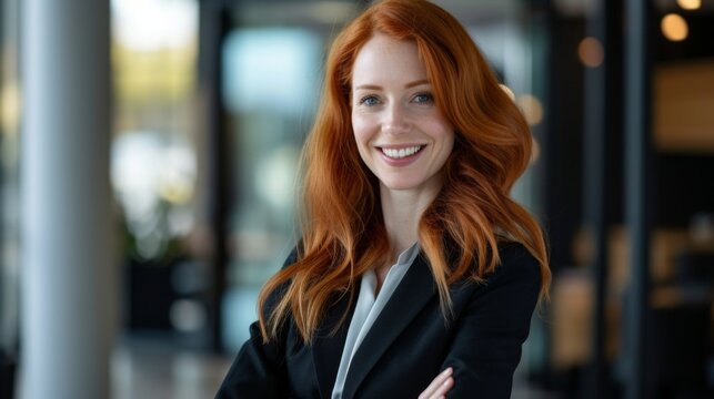 A confident redhead businesswoman posing in a professional setting