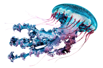 A bioluminescent, neon or blue glowing jellyfish with long tentacles floating isolated in a transparent background. Cut out or PNG.