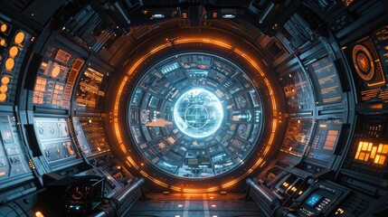 Obraz premium Futuristic glowing mechanism with vibrant neon lights showcasing intricate technical and industrial design elements.