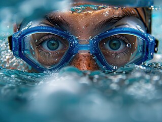 Swimmer's head emerging from water with swimming goggles