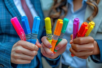 Obraz premium Beautiful business people's hands holding different markers writing on a whiteboard.