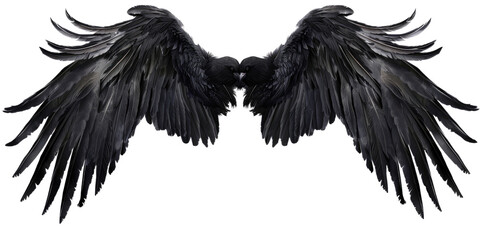 A pair of black feather wings on a transparent, isolated background. Cut out or PNG.