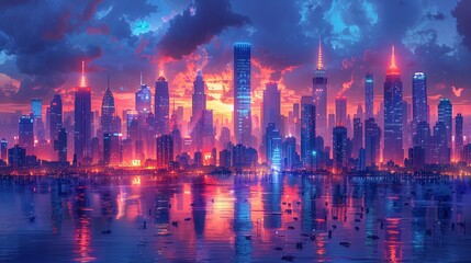 Fototapeta premium The city's vibrant, neon-lit skyline at night, shimmering with radiant lights and bustling activity, creating a lively, energetic atmosphere that feels both majestic and futuristic. Watercolor style,