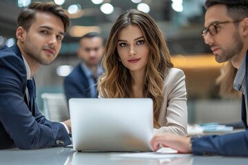 Beautiful businesswoman being watched by handsome businessmen while working on laptop in office setting.