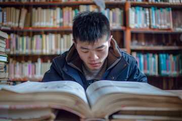 Focused Chinese Student Studying Independently in a Quiet School Library Surrounded by Books